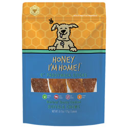 6" Honey-Coated Buffalo Paddywack Chews, natural grain-free dog treats on a bright background