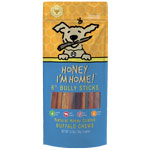 Honey Coated Buffalo Bully Sticks 6" natural grain-free dog chews on a bright blue background